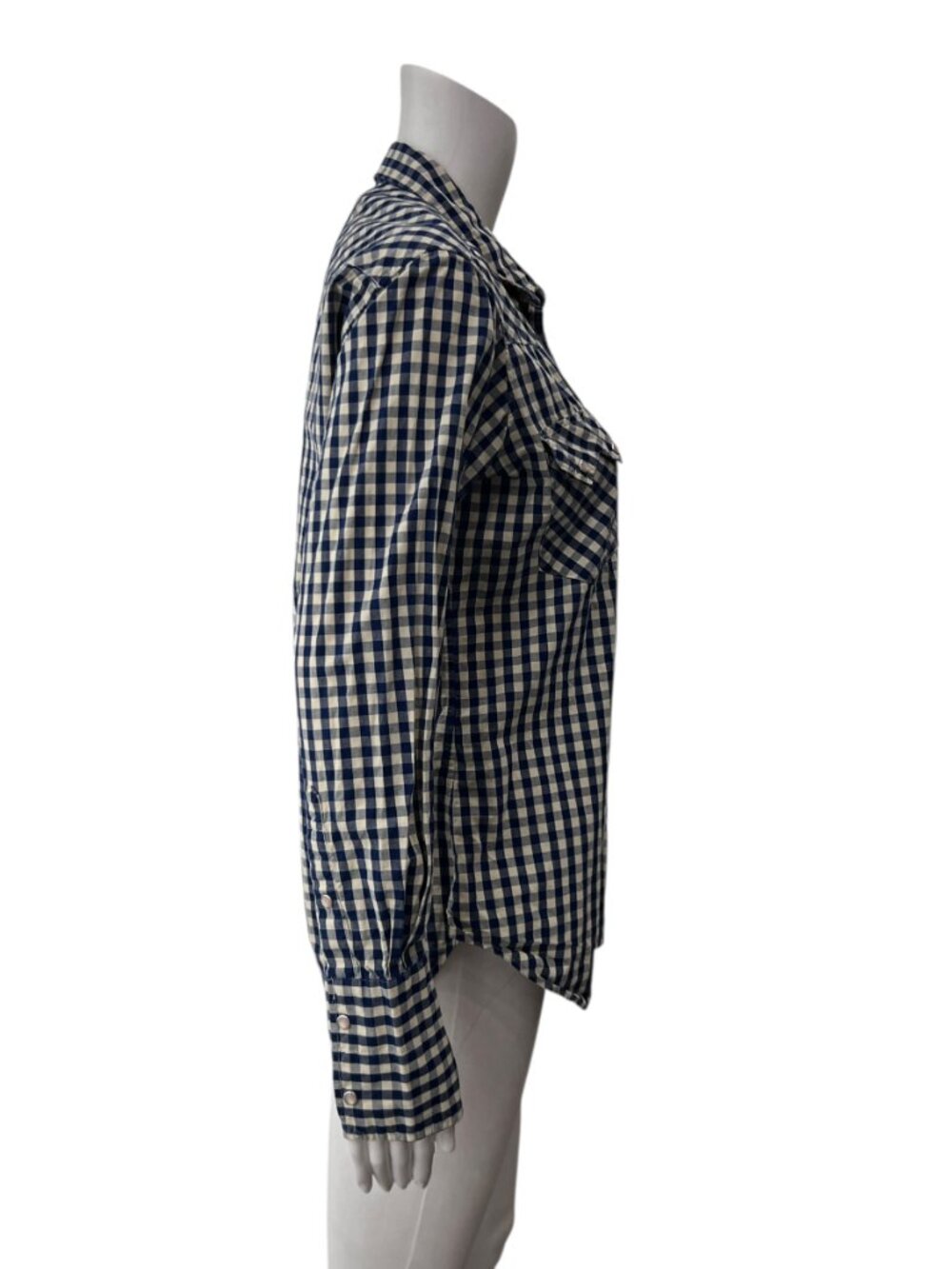 Nili Lotan Beige Navy Check Plaid Button Down Blouse Shirt size Medium - Picture 3 of 7